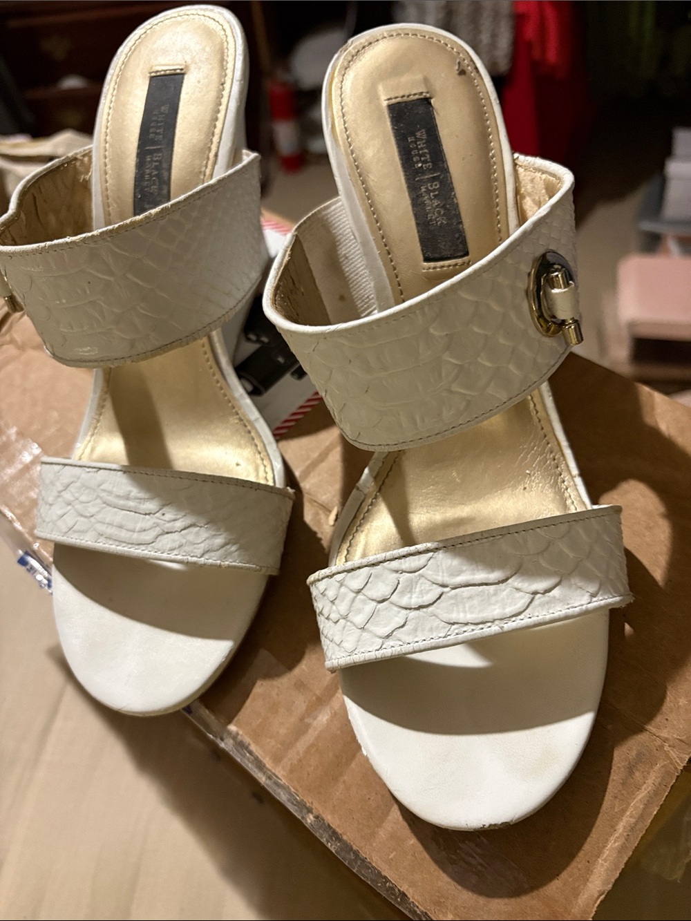 White House Black Market White Croc-Embossed Slide Mules with Gold Accent